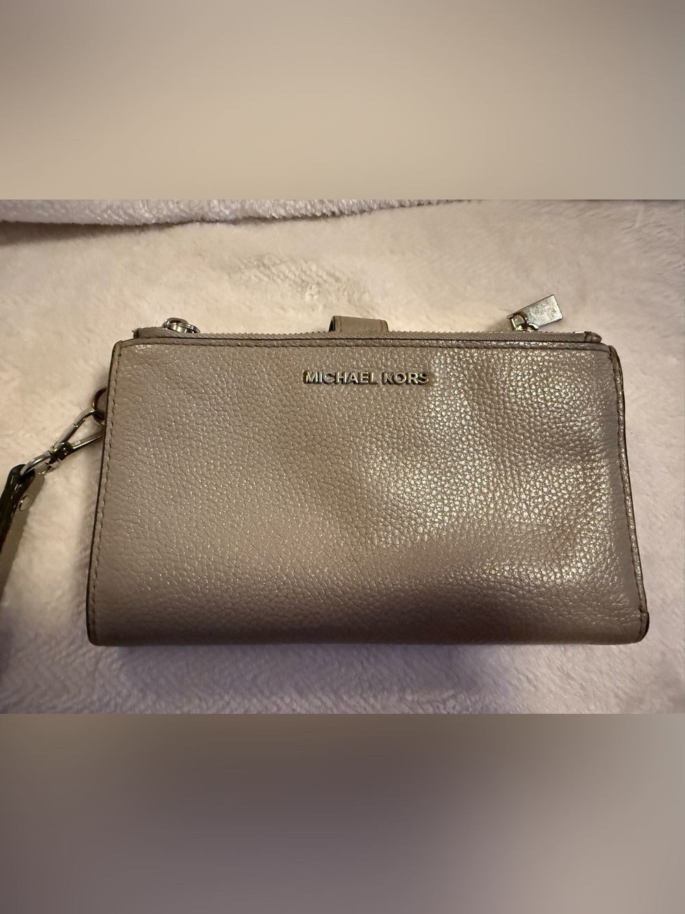 Michael Kors Taupe Pebbled Leather Wristlet Clutch